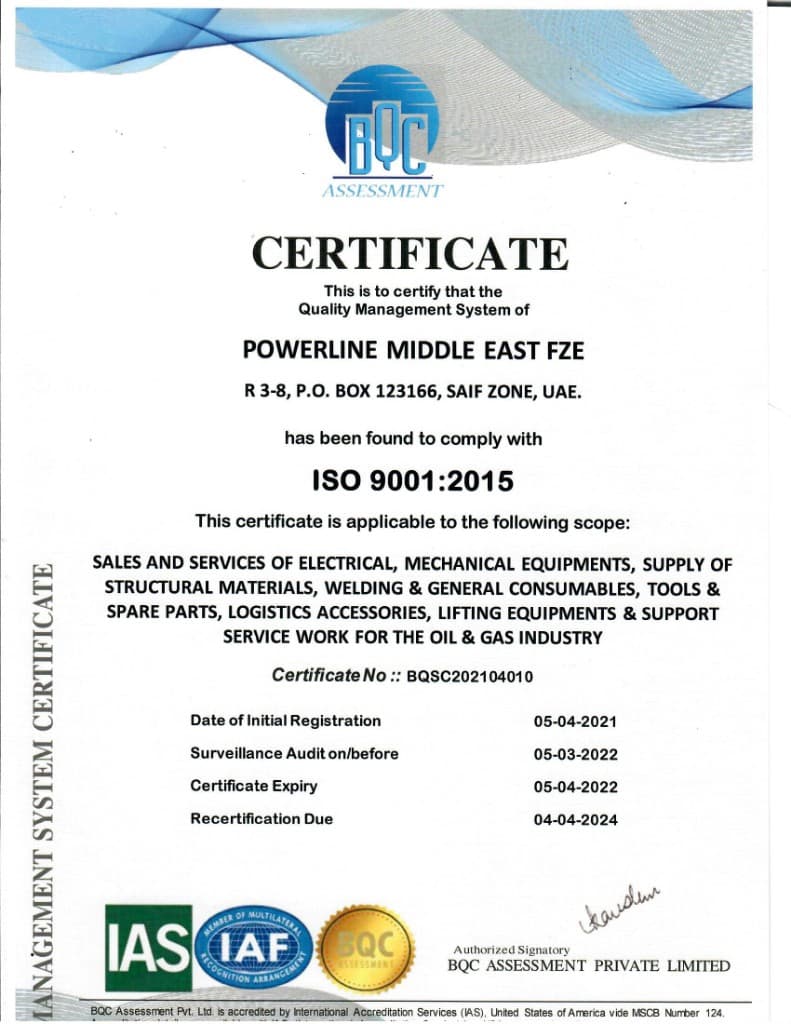 ISO 9001:2015 Management System Certificate for Powerline Middle East issued by BQC Assessment